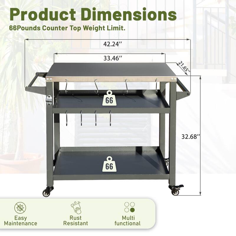 Outdoor Cooking Prep Table with Rust-Proof Stainless Steel Top, 3 Shelves, Tool Hooks, Wheels with Brakes, and Full Accessories