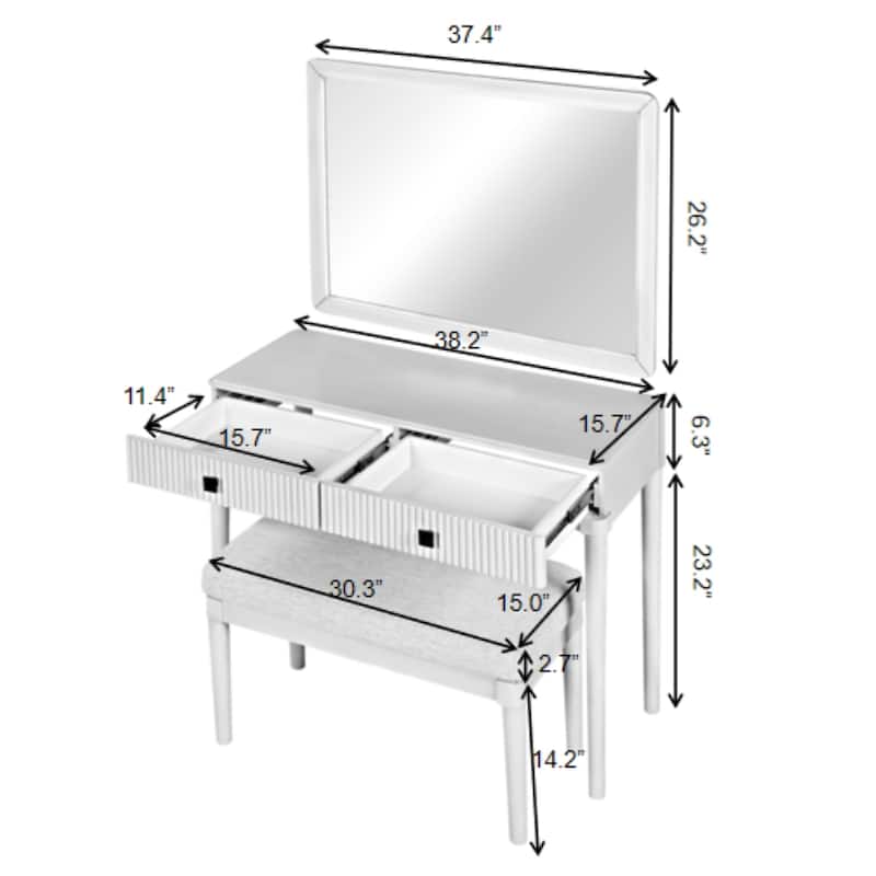 Modern Vanity Table Set with Mirror, Stool & 2 Drawers, White Makeup Desk for Bedroom or Home Office