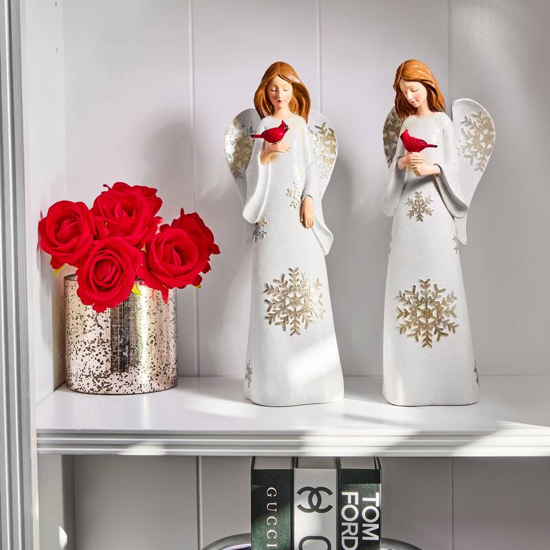 14" Resin Angel With Cardinal Set of 2