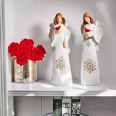 14" Resin Angel With Cardinal Set of 2