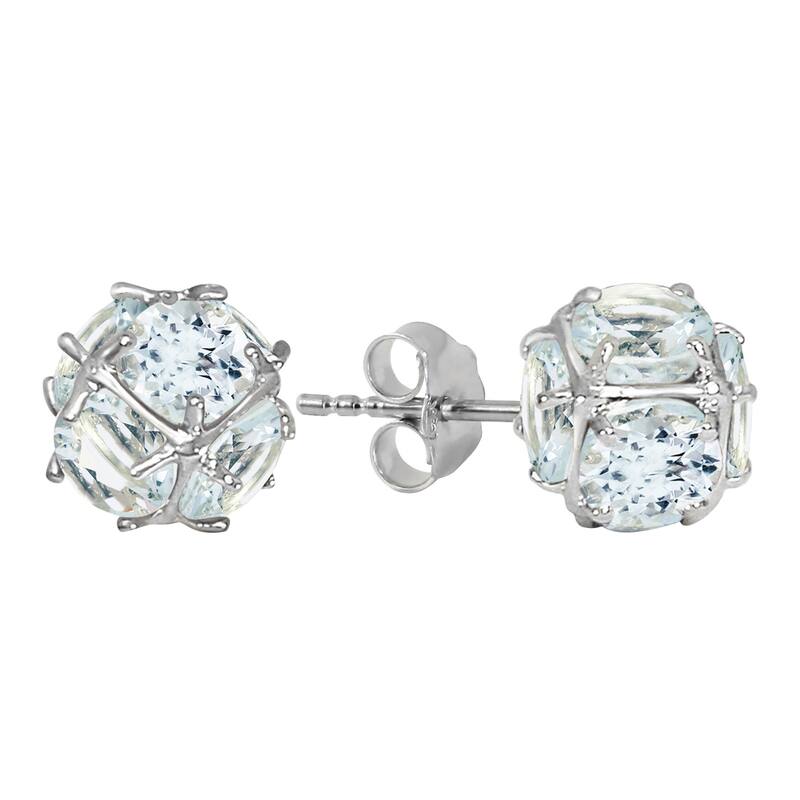 14K Solid Gold Stud Elegant Gemstone Earrings w/ Natural Aquamarines - Rose