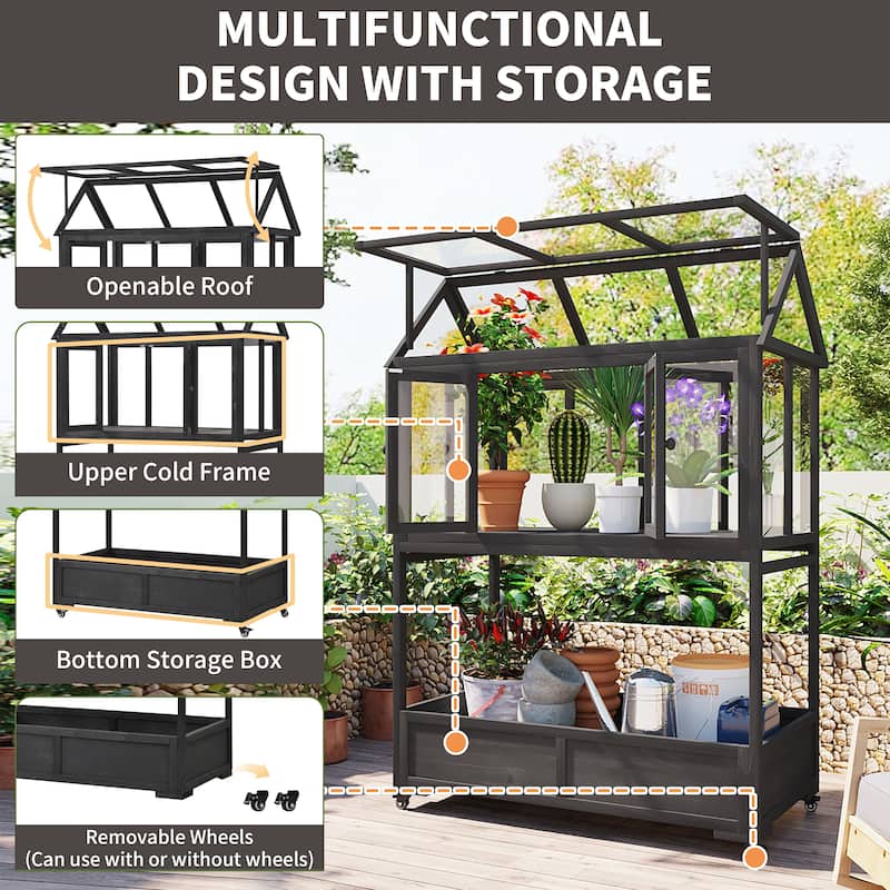 Roomfitters Portable Wooden Cold Frame Greenhouse with Wheels, Openable Roof and Storage Box for Garden Plants