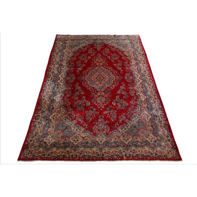 12'6''x18 Hand Knotted Wool Red Plush Pile Kerman Traditional Rug - 12' 6'' x 18'