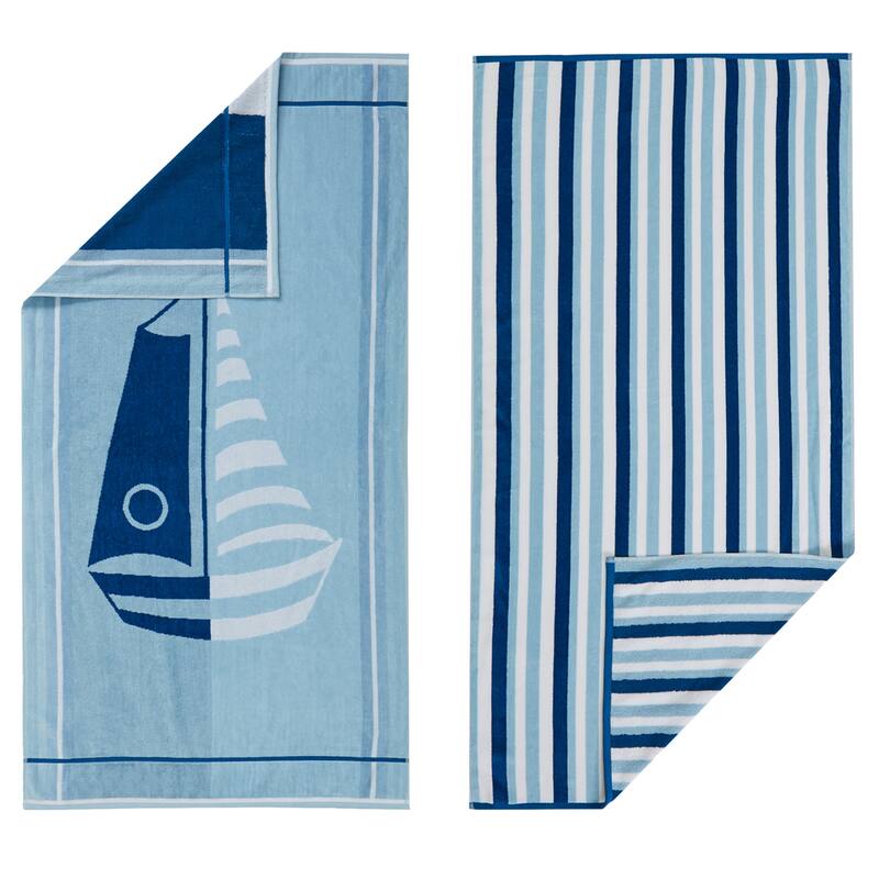 Luxurious Cotton Printed Beach Towel - 30" x 60" - Sailboat / Stripe