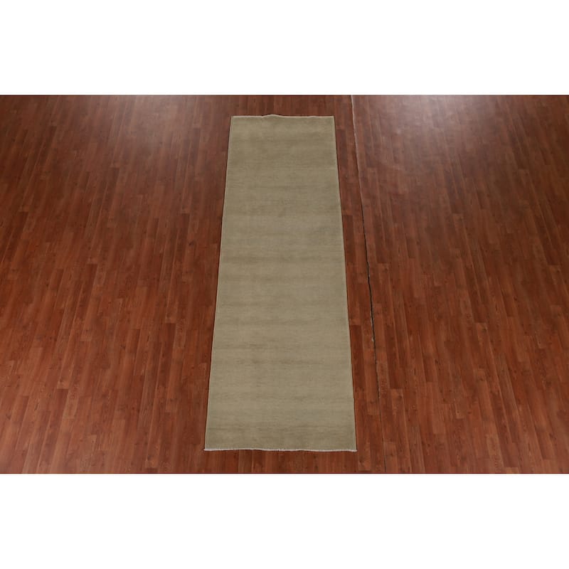 Hand Knotted Oriental 100% Wool Carpet Modern Solid Green Gabbeh Runner Rug - 10' 0'' X 3' 3''