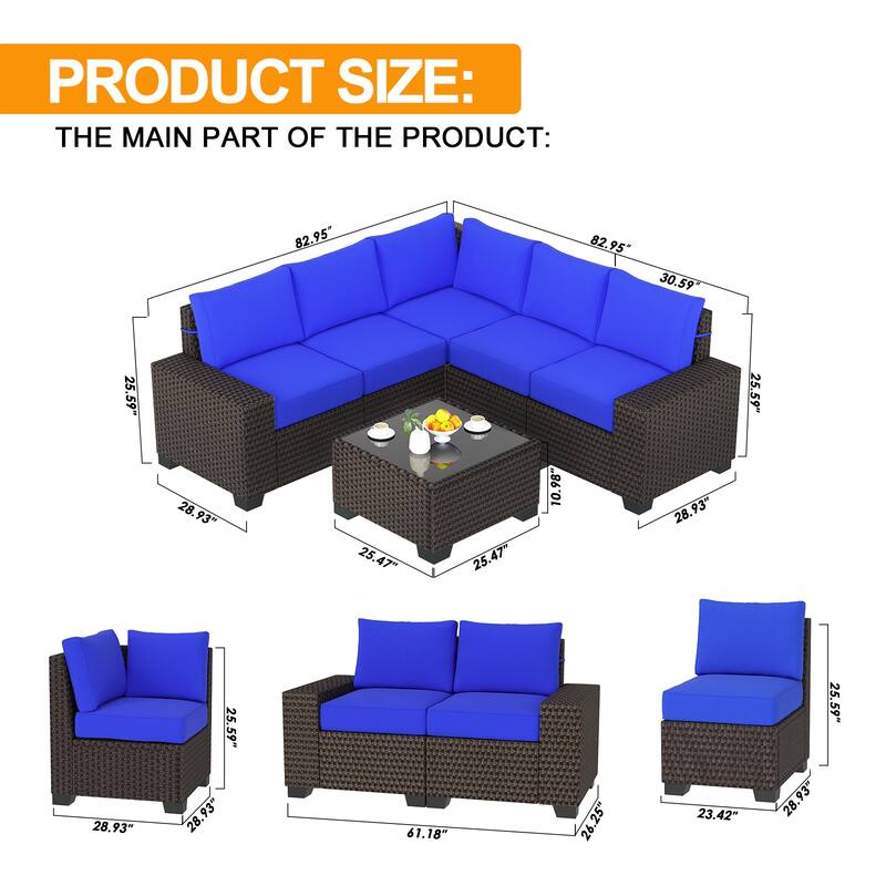 Outdoor Patio Sofa,6 Piece Rattan Furniture Set with Glass Table