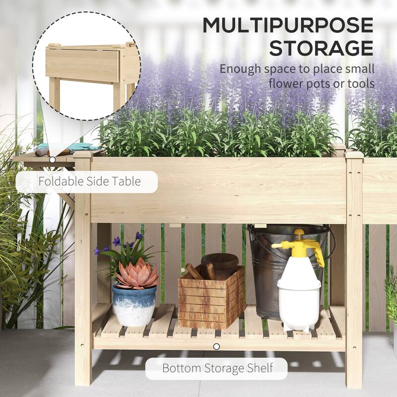 Fir Wood Raised Garden Bed with Bottom Shelf and Moisture-Retaining Liners Foldable Side Table - 81.5" W x 23.2" D x 30.7" H