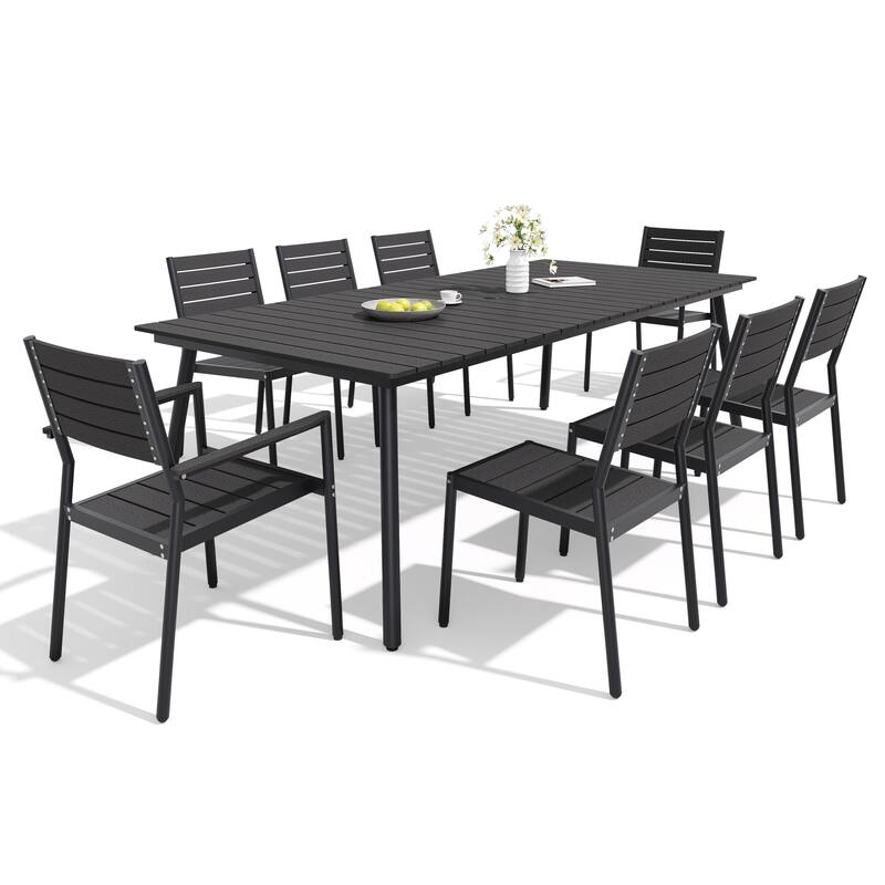 9-Piece Outdoor Patio Dining Set Wood-Like Table Top Alumium Umbrella Hole Table with Stackable Dining Chairs