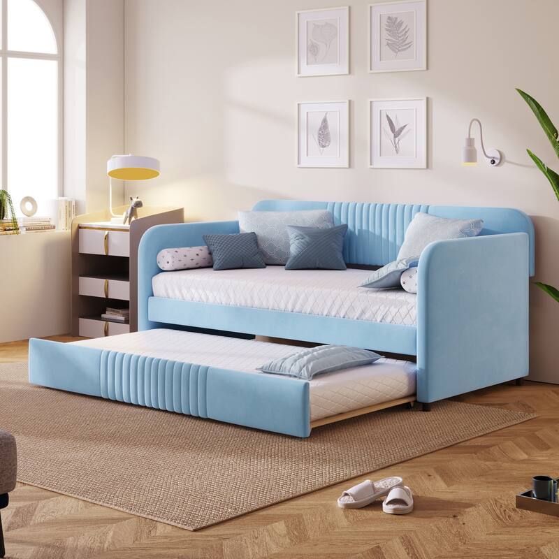 Velvet Sofa Bed Soft Backrest Daybed with Trundle - Light Blue - Twin