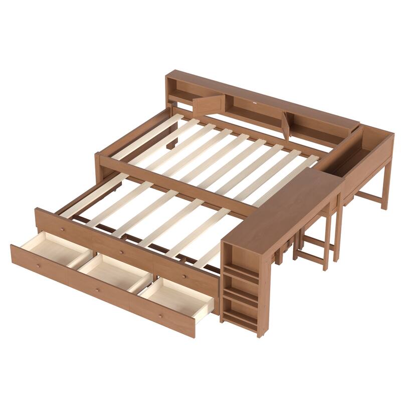 Full/Twin Daybed with Trundle & Storage Drawers - Wood Frame with Side Shelves and Desk