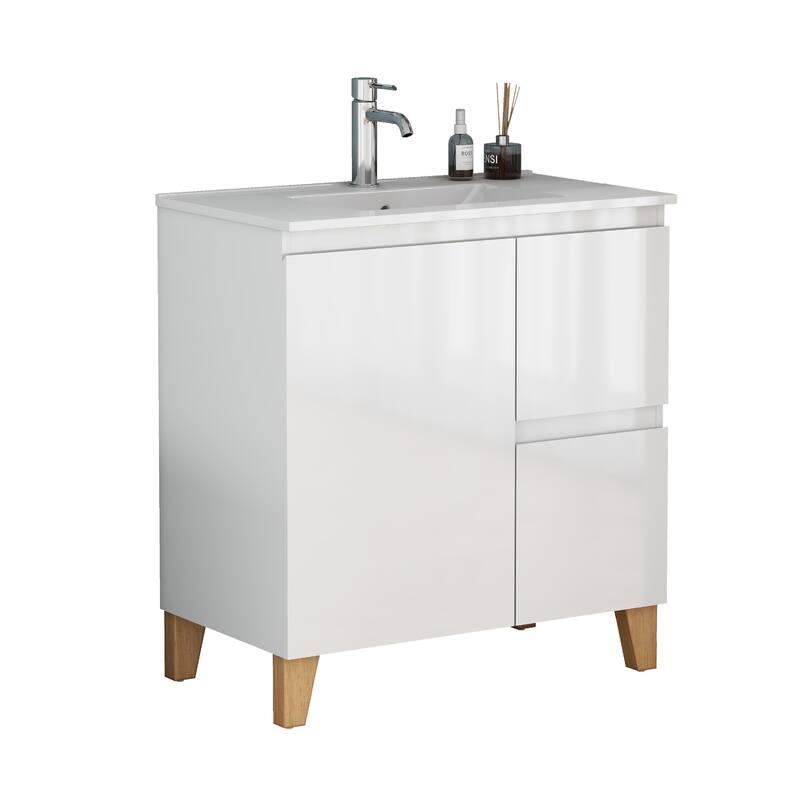 30" Wall-Mounted Bathroom Vanity With Ceramic Art Sink & 2-Soft-Close Door, KD-Packing, Plywood