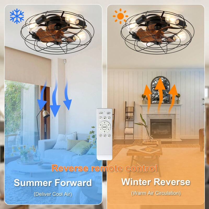 Cusp Barn 20'' Farmhouse Caged Ceiling Fan with Light, Modern Enclosed Low Profile Flush Mount Reversible Fandelier Ceiling Fan