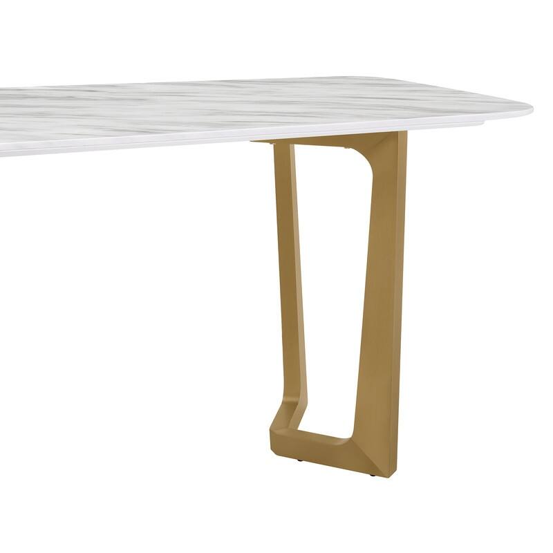 Spruce & Spring Modern Minimalist 63" Jazz White Marble Dining Table with Champagne Stainless Steel Base