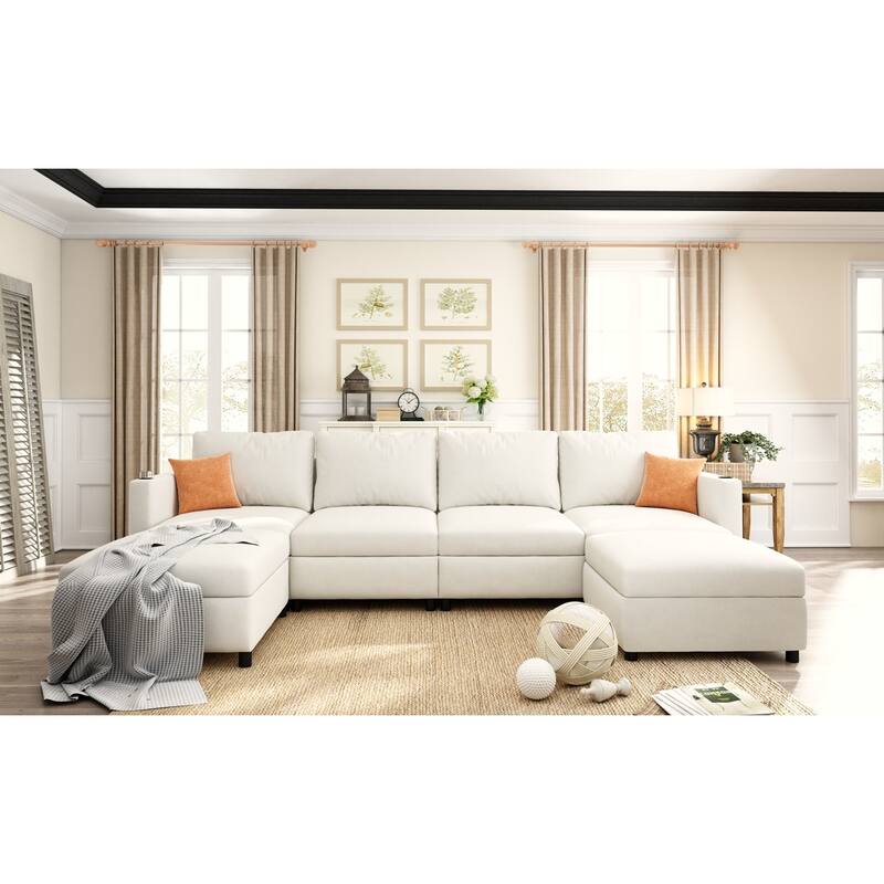 Oversized Sectional Sofa Set, Convertible L Shaped Couch Sofa Bed with Storage, 6 Seater Modular Sofa with Ottomans and Chaise