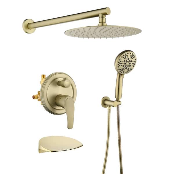slide 2 of 30, Wall Mount Tub Shower Faucet With Hand Shower Rainfall Shower System Set With Tub Spout Pressure Balance 10 Inch Shower Head Set Brushed Gold
