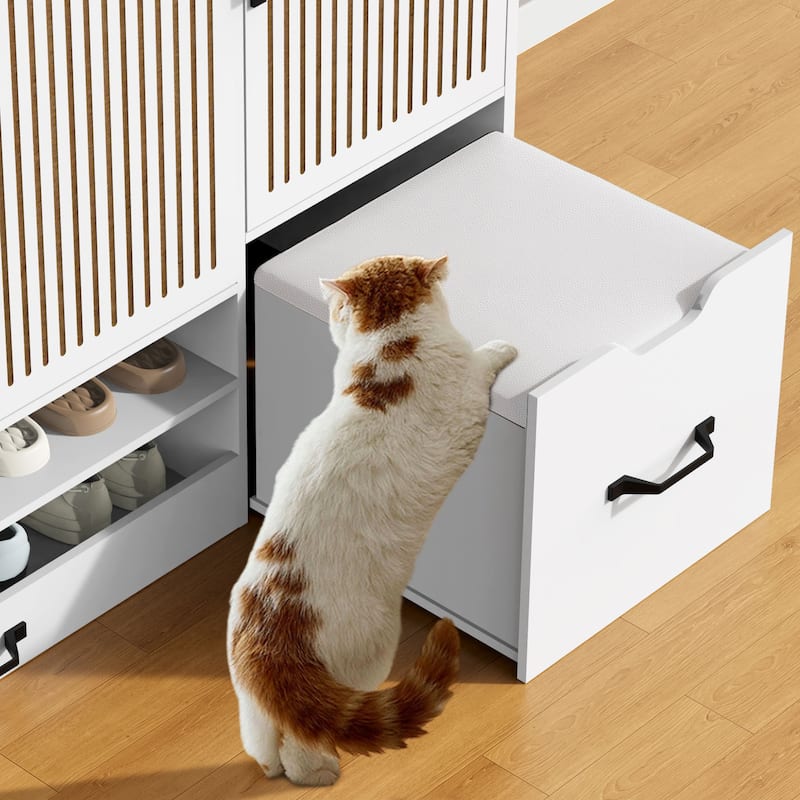 Multi-functional Shoe Cabinet with Adjustable Shelves, Stool, Retractable toe-kick drawer, Minimalist Shoe Storage Organizer