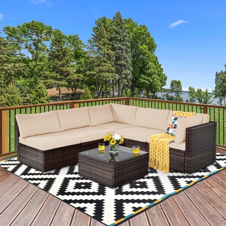 6 Pieces Patio Rattan Furniture Set with Cushions and Glass Coffee Table