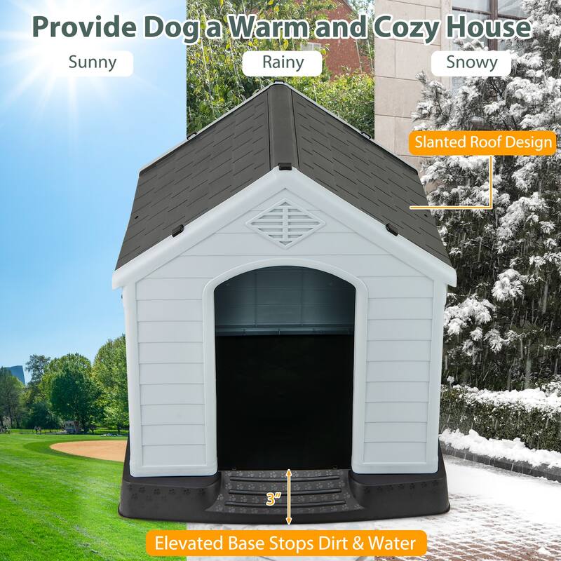 Grey-White PP Weatherproof Dog House with Ventilation and Raised Floor