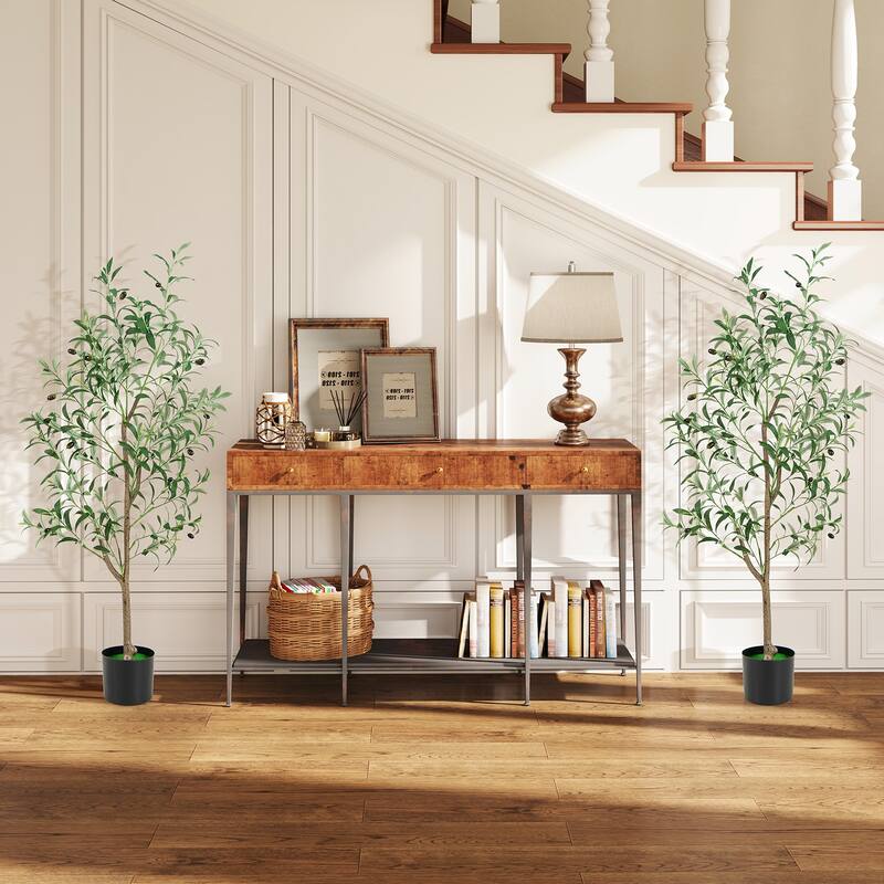Gymax 4.5 FT Tall Artificial Olive Tree Set of 2 Fake Potted Trees w/