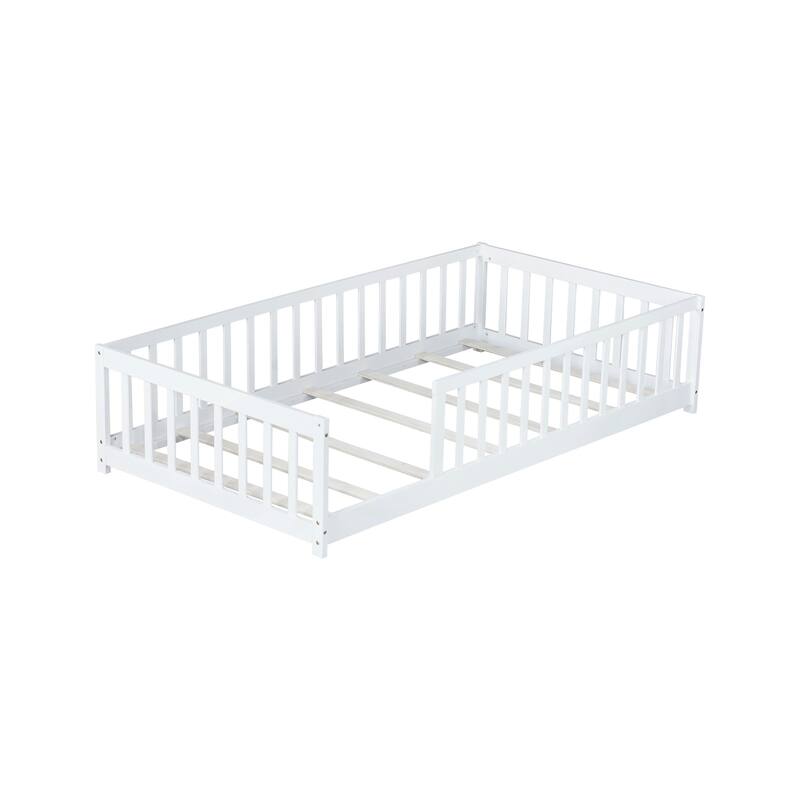 Twin Size Floor Bed with Fence without Door, Rubber Wood Floor Bed with Safety Guardrails
