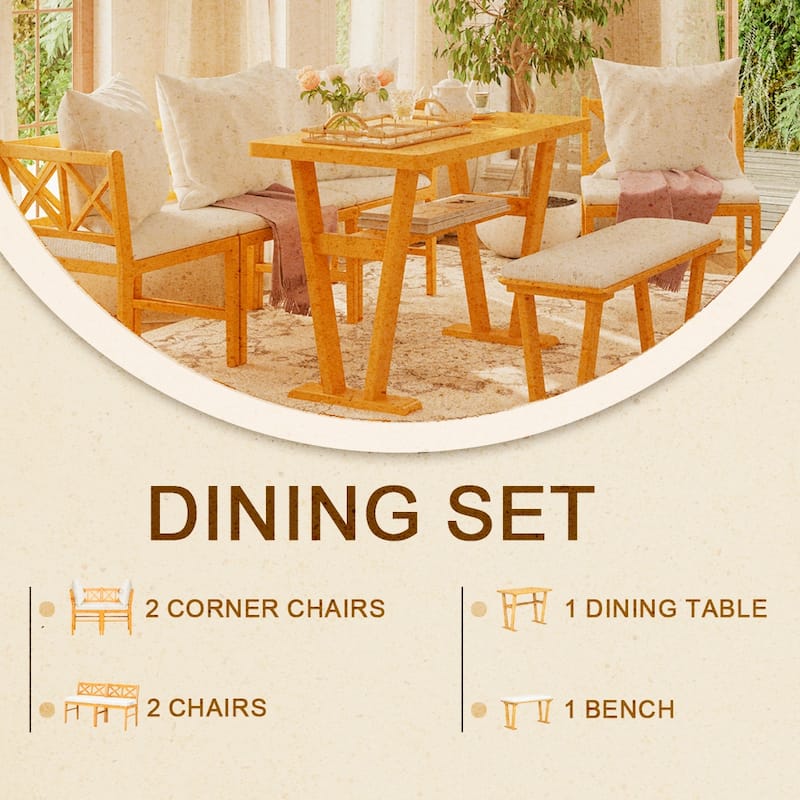 Solid Wood Dining Room Table Set for 6, Space Saving High Top Corner Dining Table with Bench and Chairs (6 Piece)