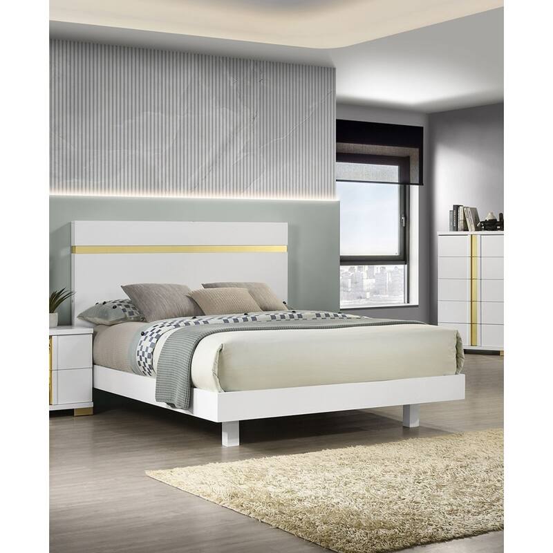 Queen Size Modern LED Bed with Acrylic Trim, Mattress Ready, White Finish