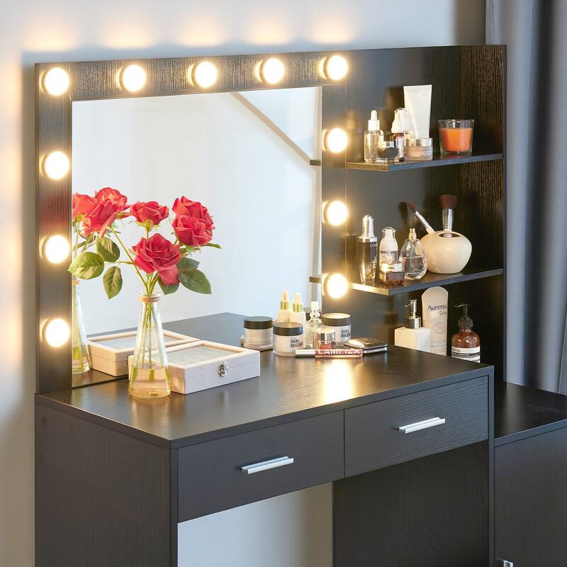 Makeup Vanity with Mirror and Lights, 46.4" Dressing Table with Storage Drawers, Shelves & 3 Light Modes