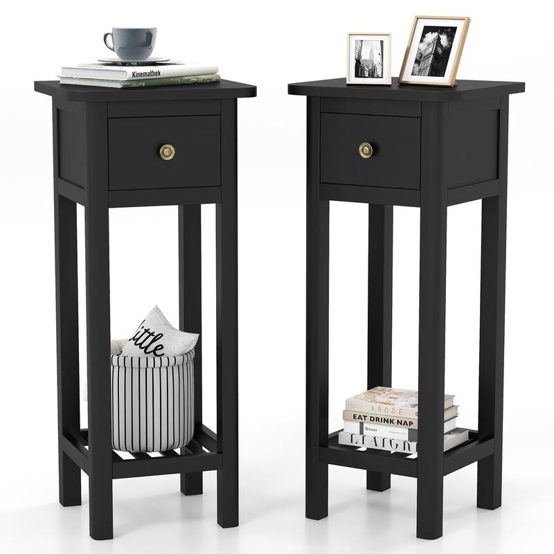 Gymax 2PCS Solid Wood Side Table Rectangular Sofa Side Table w/ Acacia - Black - MDF