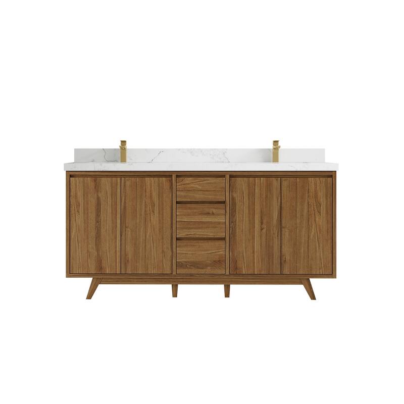 Willow Collections 72 in. W x 22 in. D s Madison Teak Double Sink Bathroom Vanity with Countertop - 2" Calacatta Nuvo - Golden Teak