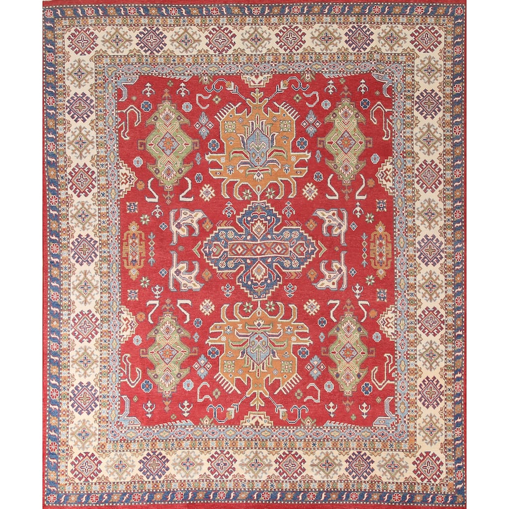 Geometric Kazak Oriental Area Rug Handmade Red Wool Carpet - 8'0" x 9'8"