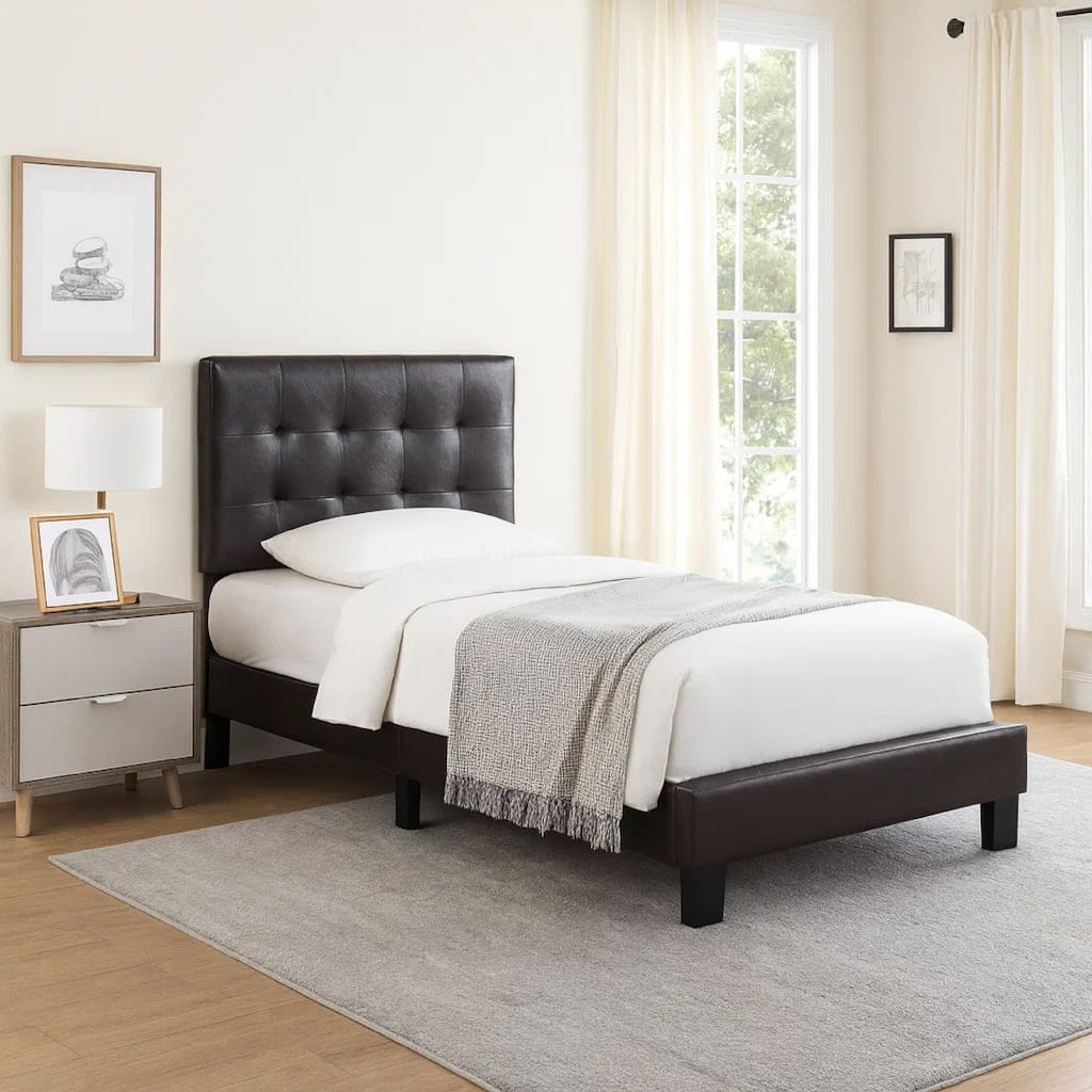 Full Leatherette Bed with Checkered Tufted Headboard, Dark Brown