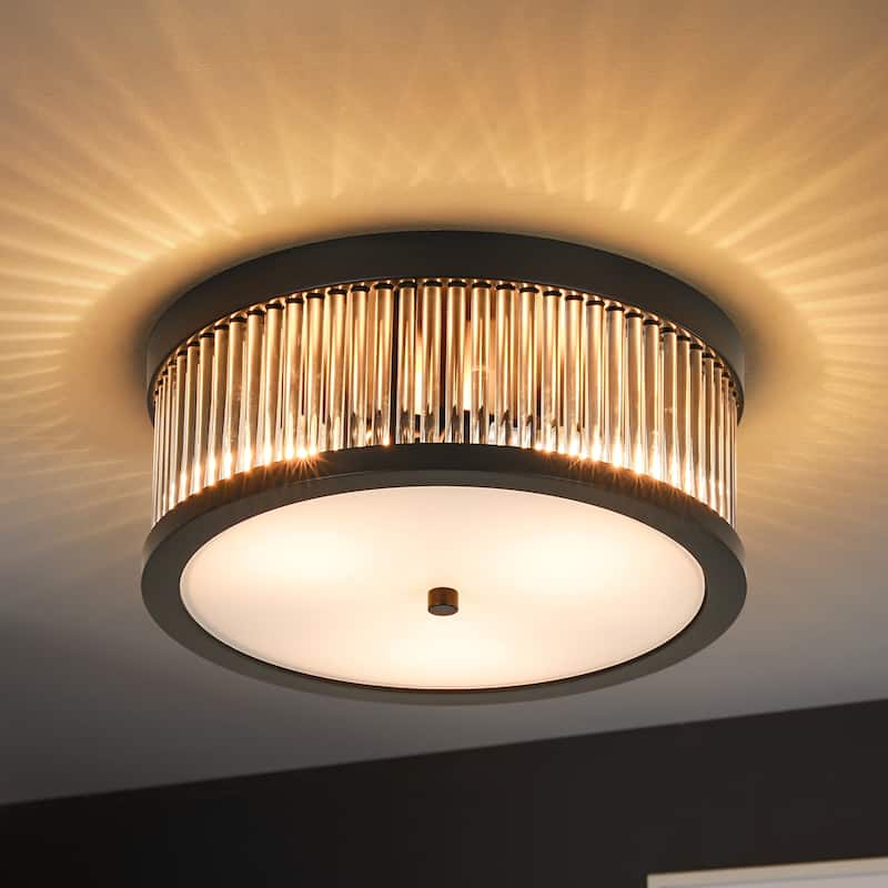 12.20 in. 3-Light Modern Industrial Round Drum Flush Mount Ceiling Light with Clear Glass Rods