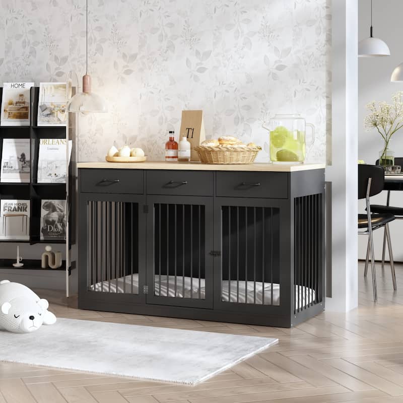 Modern Large Dog Crate with Storage Drawers - Elegant Espresso Finish - Black