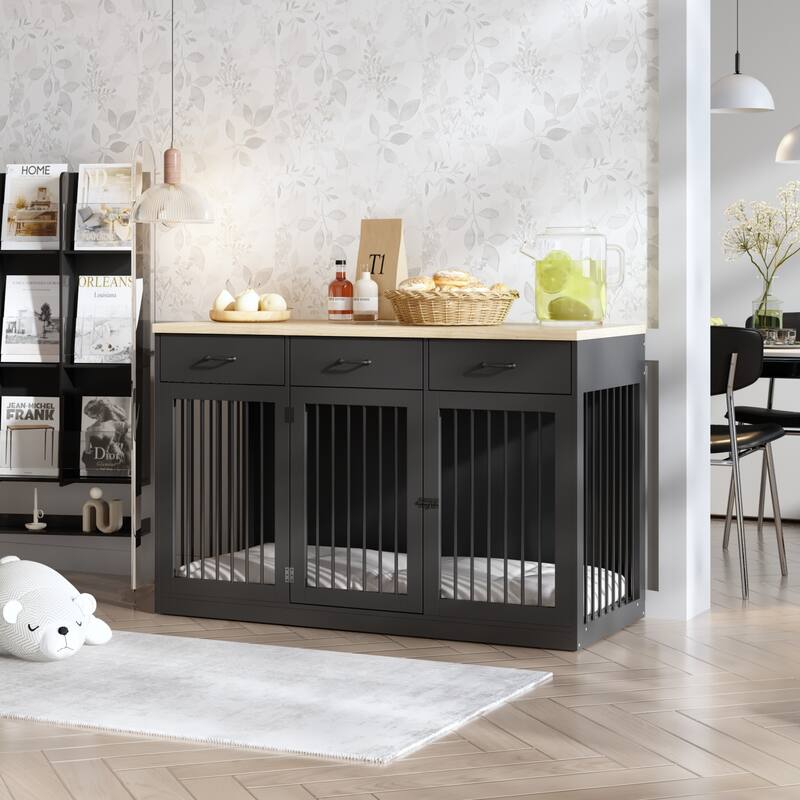 Modern Wooden Dog Crate Furniture, Pet Dog Cage with 3 Drawers