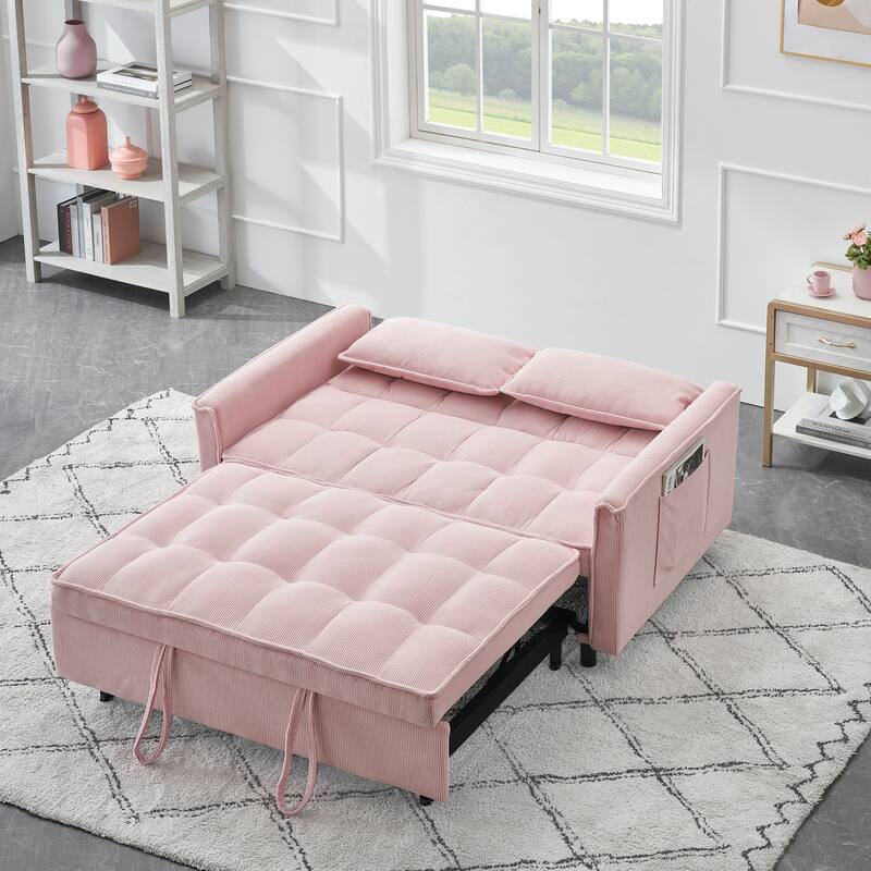 Corduroy Pull Out Loveseat Sofa Convertible Sleeper Love Seat Bed Adjustable Backrest Tufted Couch w2 Pillo & Pockets