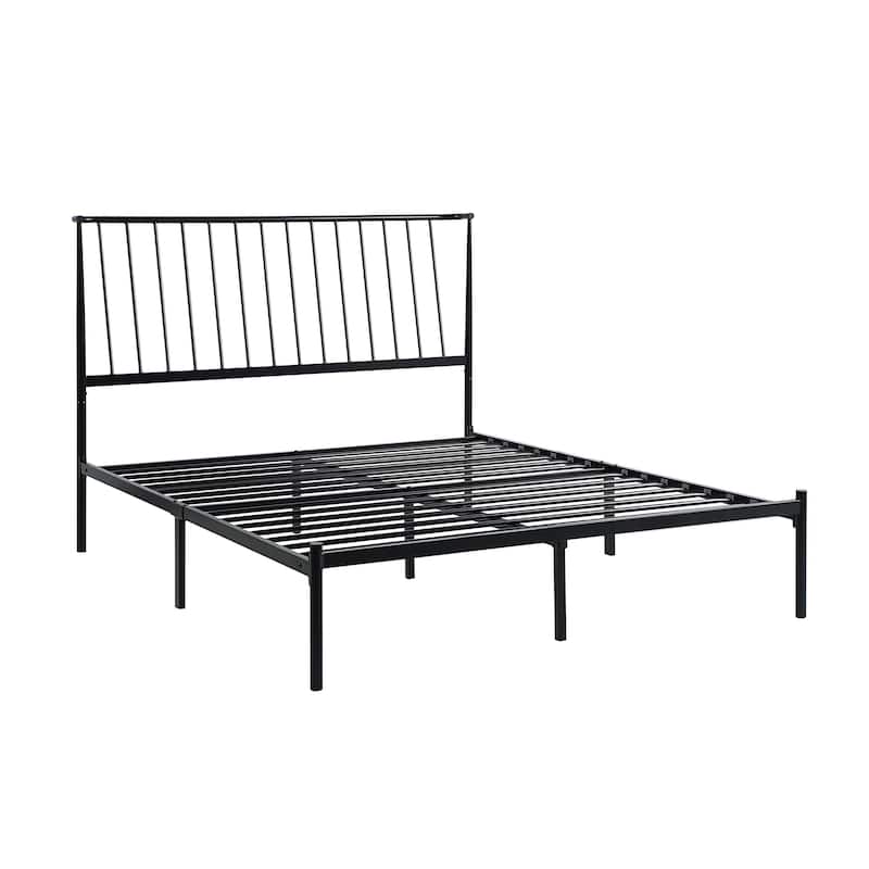 Angie Queen Bed, Platform Foundation, Slatted Headboard, Black Metal Frame