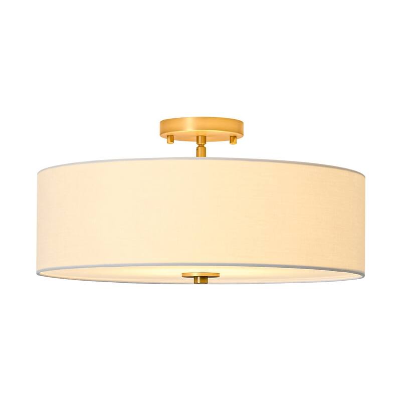 French Country Brass Round White Linen Drum Ceiling Light