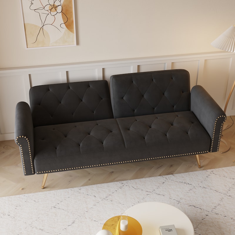 A 69.7-Inch-Long Sofa Bed Covered In Velvet Fabric, Featuring Nail Head Trim And Accompanied By A Matching Throw Pillow