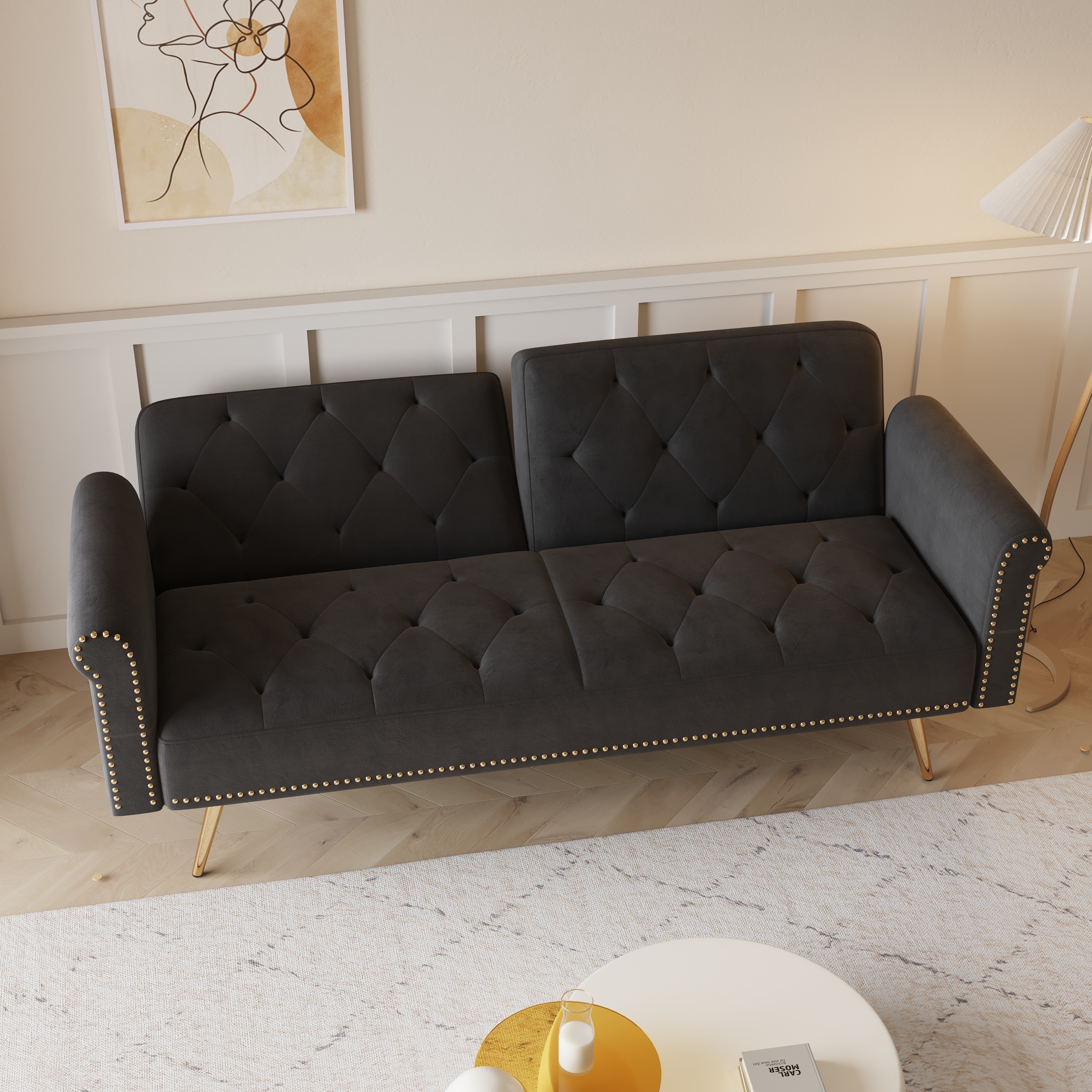 Sofamania modern plush tufted linen fabric splitback sleeper new arrivals futon