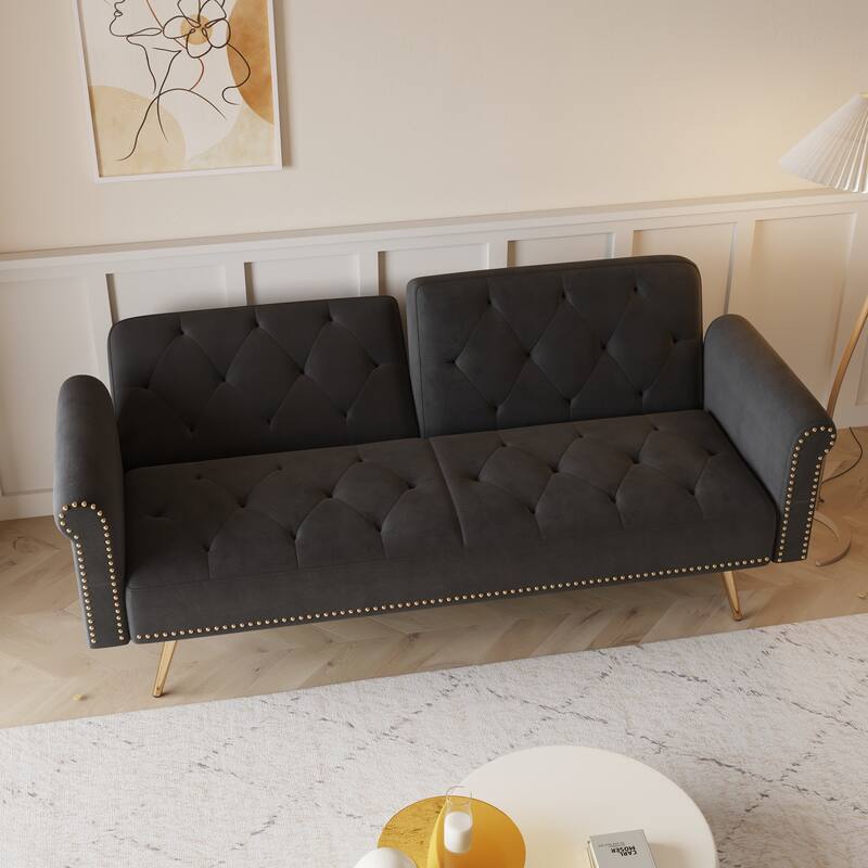 Folding Velvet Loveseat Couch Convertible into Sleeper Sofa Bed with Button Tufted, Nailheads Trim, Pillows and Metal Legs