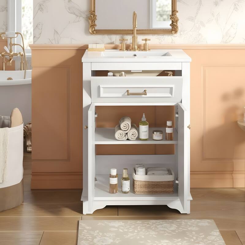 24" Bathroom Vanity with Integrated Ceramic Sink, Bathroom Cabinet with 2 Doors
