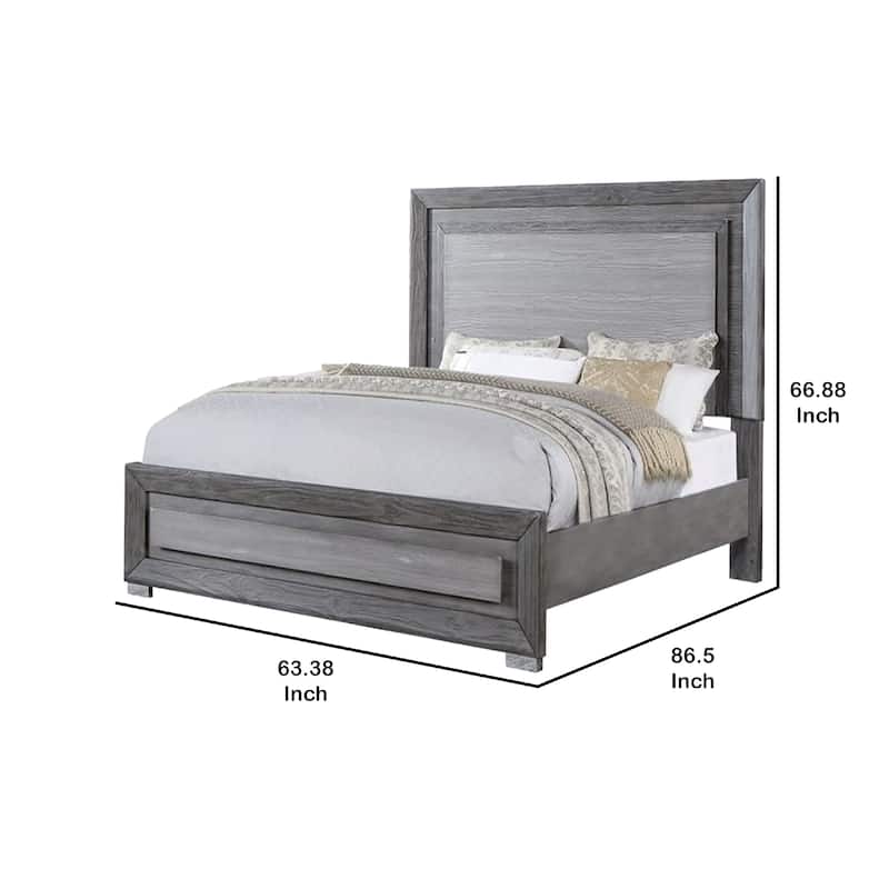 Reno Queen Bed with LED Headboard and Metal Bracket Legs, Gray Wood