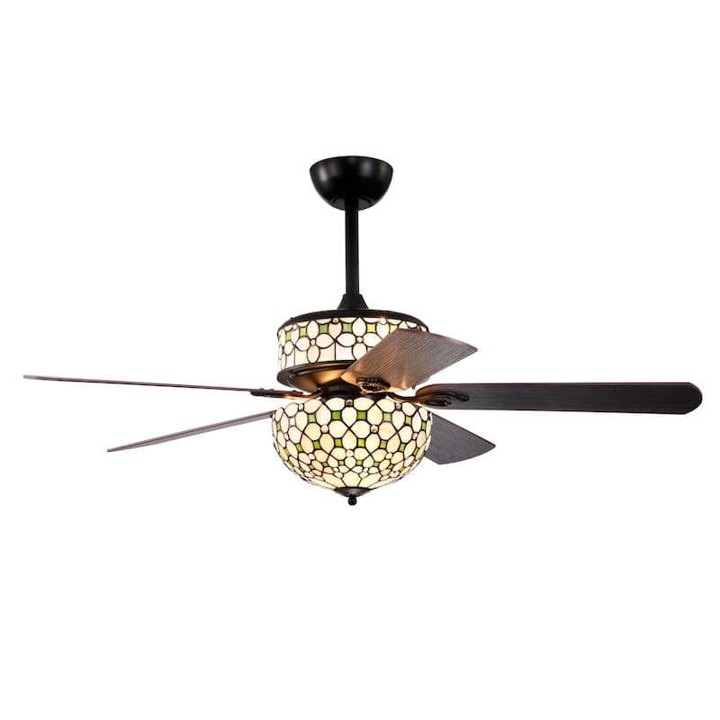 Guarvey 52-Inch Flushmount Two-Tiered Lighted Ceiling Fan Ivory Tiffany Glass Lamp Black Finish