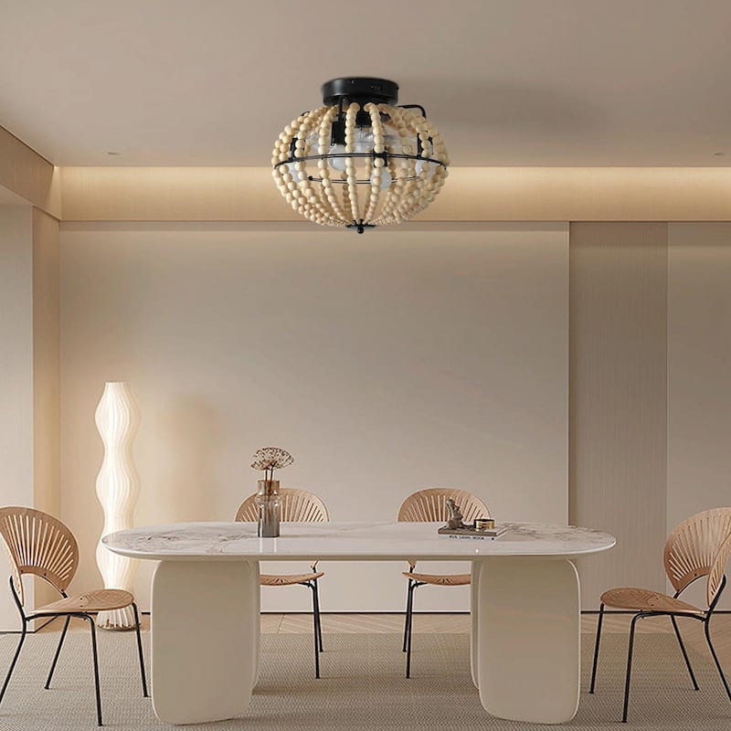 Beaded Wood Chandelier with Oak White Finish