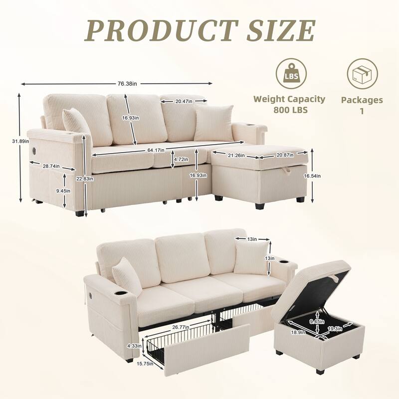 L-Shaped Sectional Sofa with Pull-Out Storage,Ottoman & Pillows 3-Seat with USB Charging,Cup Holder, Convertible Design
