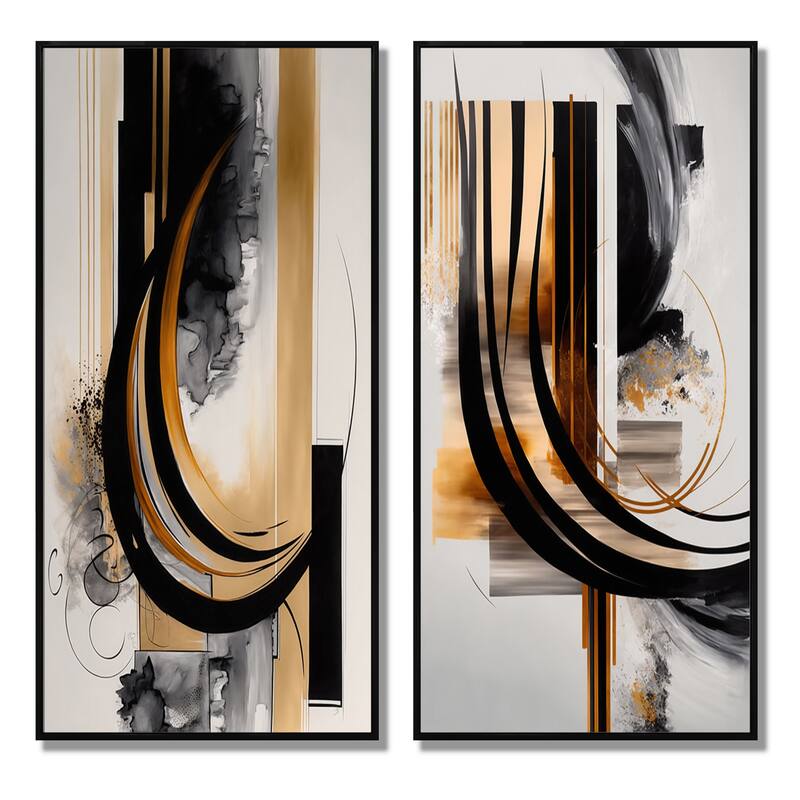Designart "Gold Touch Art Deco" Abstract Framed Wall Art Set Of 2 - Black Canvas Set For Living Room Decor