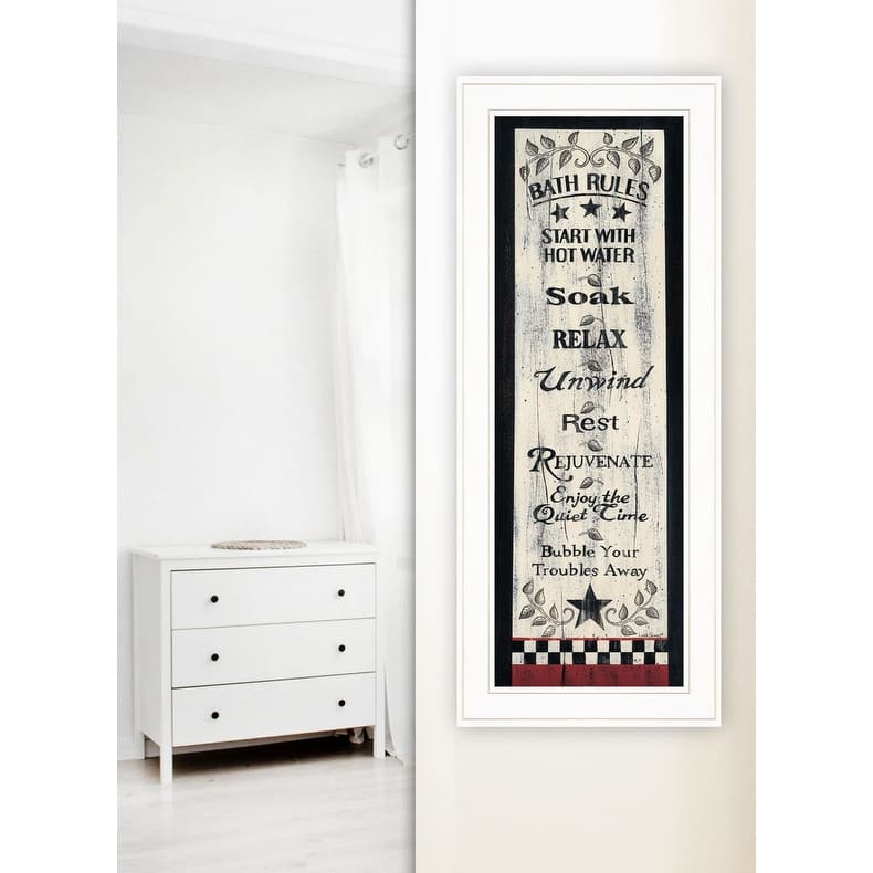 TrendyDecor4U Farmhouse "Bath Rules" Framed Print Wall Art by Linda Spivey - Earthtone