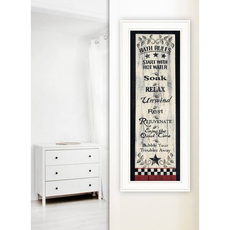 TrendyDecor4U Farmhouse "Bath Rules" Framed Print Wall Art by Linda Spivey - Earthtone