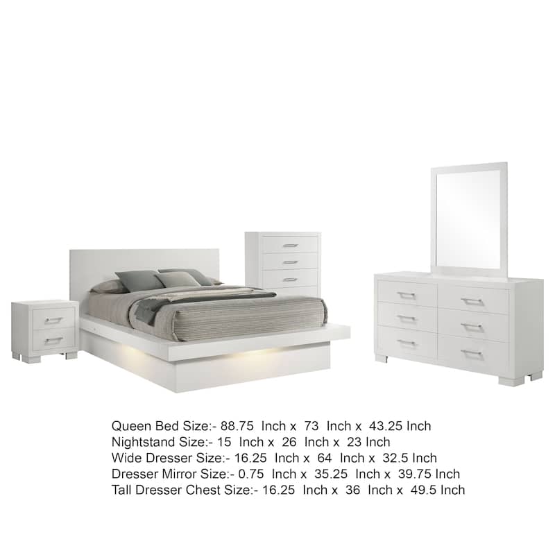 Bela 5 Piece Queen Bedroom Set, LED Lit Bedframe, Snow White Wood