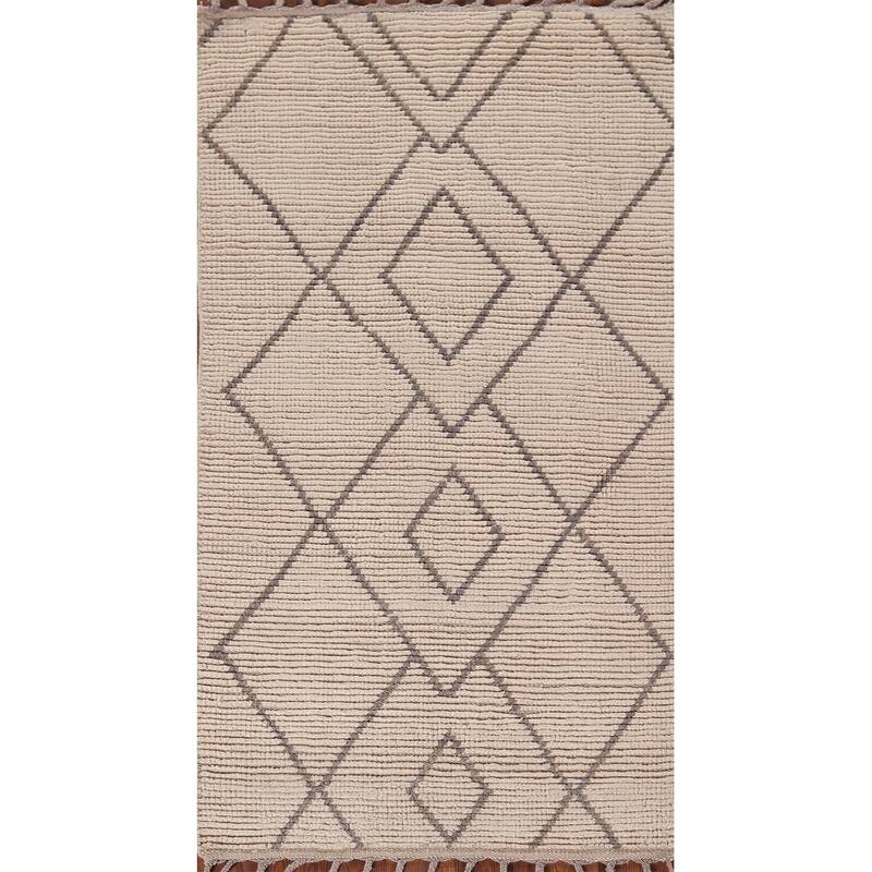 Striped Ivory Moroccan Oriental Accent Rug Handmade Wool Carpet - 2'10"x 5'9"